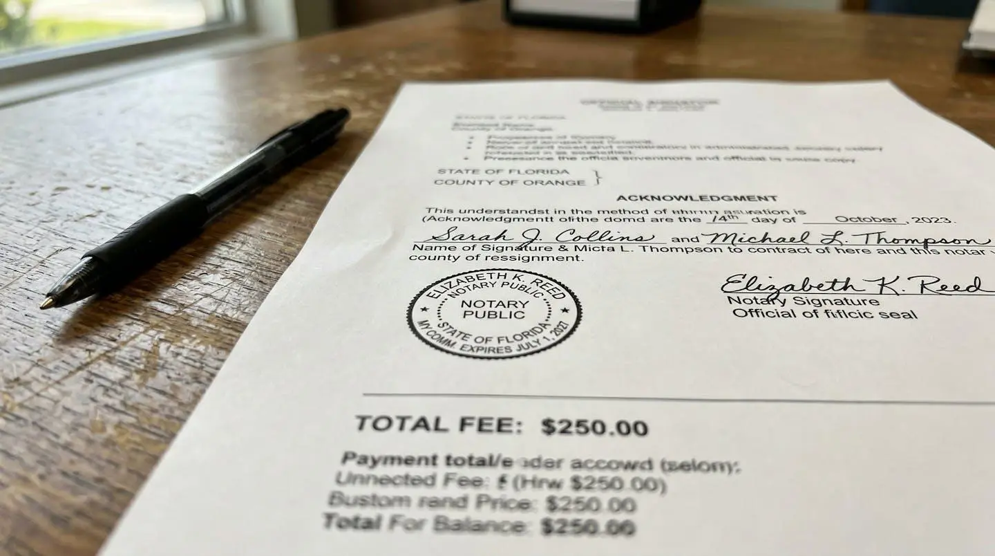 Un document notarié partiellement visible posé sur un bureau avec un stylo à côté