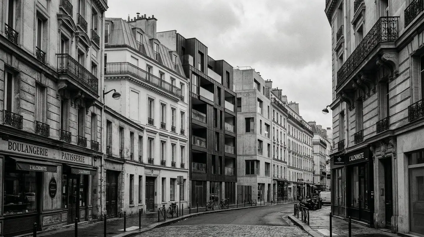 Une rue parisienne avec des façades d'immeubles mêlant style haussmannien et contemporain