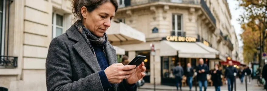 Une femme concentrée consulte son téléphone devant la façade d'un immeuble haussmannien parisien